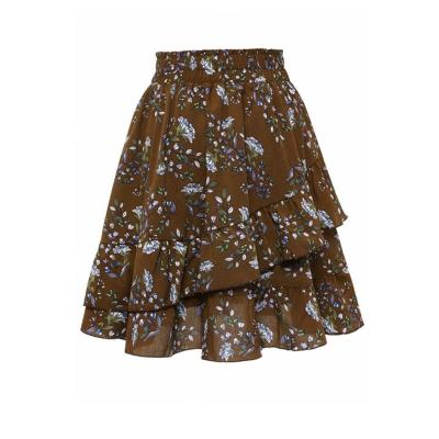 China Anti-Static Women's Elastic Waist Chiffon Ruffle Coffee Floral Layered Midi Skirt for sale