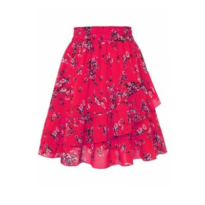 China Anti-Static Women's Ruffle Trim High Split Flora Polyester Red Printed Skirt for sale