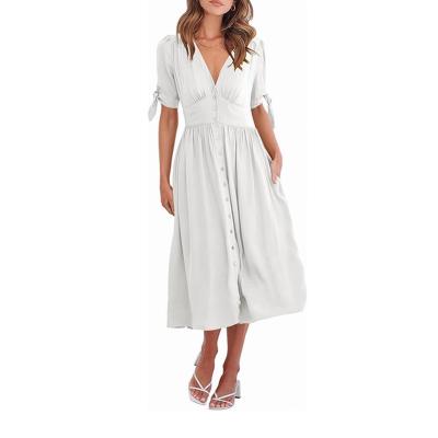 China Anti-Static Women Deep V-Neck Button Down A-line White Midi Long Dress With Button for sale