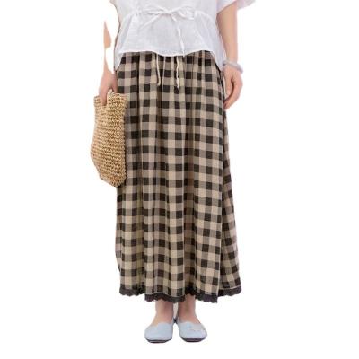 China Anti-Static A line Skirt Pocket Elastic Skirt Plaid Lace Linen Skirt For Women for sale