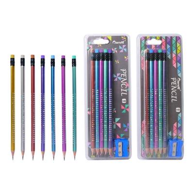 China School Dot Transfer Film Soft Silver Wood-cased HB Pencil Triangle Paint Metallic Lead Soft 10 Pcs in Blister Card Graphites Pencil for sale