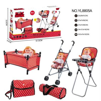 China Cartoon Toy Hot Selling Girls Pretend Play Room 5 In 1 14 Inch IC Baby Doll With Stroller Bed Dinner Chair Handbag And Backpack Toy For Kid for sale