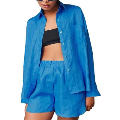 China 2022 New Spring/Summer Anti-pilling Cotton and Shorts Women's Blue Lapel Long Sleeve Pleated Blouse and Shorts Women's Blouse Two Piece Set for sale