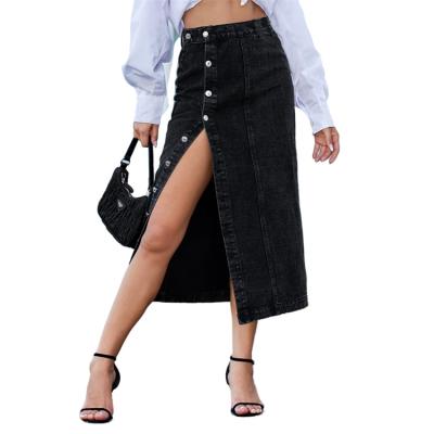 China Breathable Wholesale Long Denim Skirts Black Denim Buttocks Denim Skirt Retro Elastic Buttons for sale