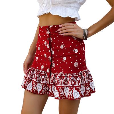 China 2022 Summer Ethnic Full Button Kilt Short Skirt Print Breathable Red Ruffles Printed Skirt For Women for sale