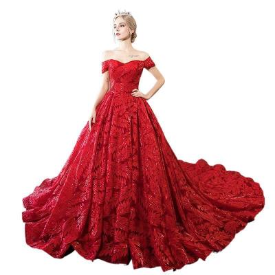 China Breathable Off The Shoulder Lace Wedding Dresses Red Elegant Long Train Woman Wedding Dress for sale