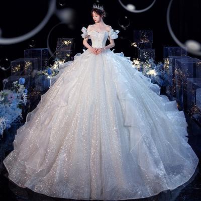 China 2021 New Bling Big Tail Starry Sky Starry Shoulder Lace Bride Satin Breathable Elegant Dreamy Wedding Dresses For Women for sale