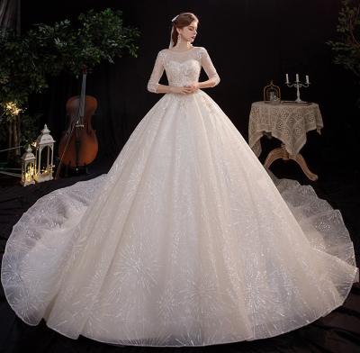 China Luxury Breathable Big Tail Women Wedding Dresses Elegant Bride O-Neck Sequin Lace Wedding Dresses Made In China for sale