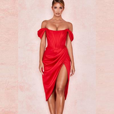 China Red Breathable Quality Off The Shoulder Split Long Satin Corset Dress Elegant Women Evening Dresses for sale