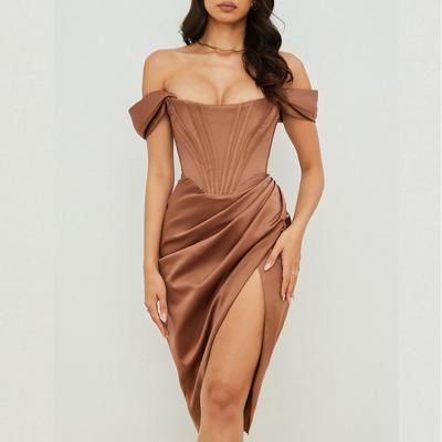 China Breathable Off The Shoulder Satin Dresses Women Sexy Champagne Color Draped Silk Evening Dress Elegant for sale