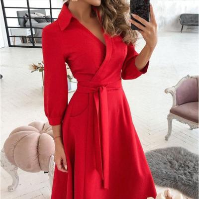 China Red Color Breathable Wholesale Comic Collar Elegant Casual Outfits 2021 Autumn Dress Women for sale