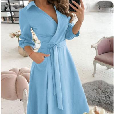 China New Fashion Solid Color V Neck Breathable Oversized Loose T-shirt Long Sleeve Dress With Pockets for sale