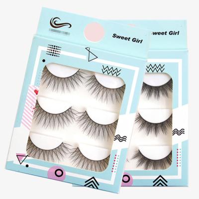 China Wholesale Winged Natural Eyelash 0.07mm Silk 3D Eyelashes 3 Pairs Pack Thin Strip Lashes for sale