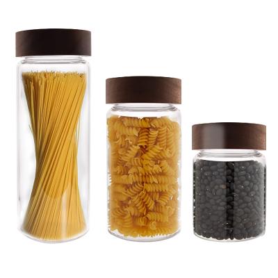 China Hot Customized Wooden Jars Glass With Airtight Acacia Organizer Kitchen Bottle Freshness Storage Amazon Canister Screw Lid for sale