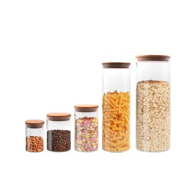 China 5 Piece Food Amazon Sustainable Hot Piece Airtight Glass Spice Jar Set Clear Glass Spice Storage Containers With Bamboo Lid for sale