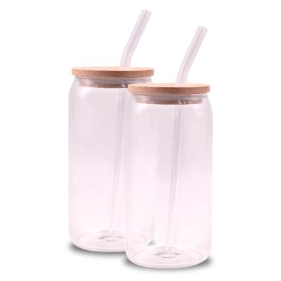 China Super Product 16Oz 500mL Clear High Water Viable Glass Tumbler Beer Can Shaped Borosilicate Glass Cup With Straw for sale