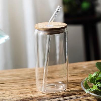 China Custom Viable 500ml Beer Can Transparent Shape Glass Mug With Bamboo Lid And Glass Straw For Beverage for sale