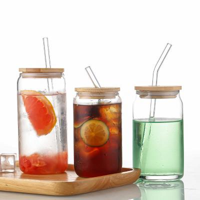 China Viable Hot Sale Glass Cups Wholesale Clear Box Shaped Beer Sublimation Glass Beverage Mugs Soda With Lid And Glass Straw for sale