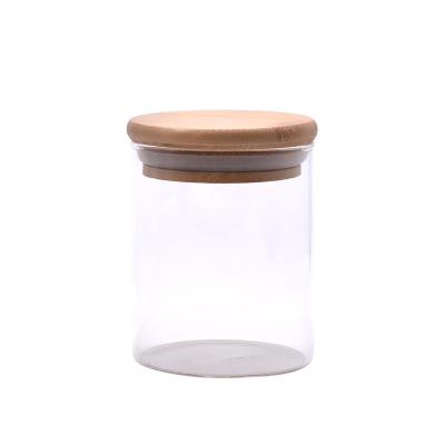 China 6oz 10oz 12oz 16oz High Viable Empty Air Storage Containers Borosilicate Glass Tight Jar With Wooden Lid For Food for sale