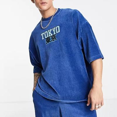 China Custom Anti-Wrinkle T-shirt and Shorts Set in Blue Ribbed Velvet for sale