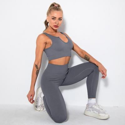 China Breathable Custom Running Fitness Women Leggings High Waist Training Workout 2 Piece Sports Bra Ribbed Gym Activewear Yoga Set for sale