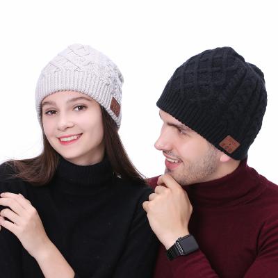 China JOINT Music Beanie Gorroes Leather Hat Knitted Cordless Hat With Blue Tooth Winter Cap Hats for sale