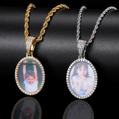 China Lead Free Nickel Free Hip Hops 18K Gold Plated Geometric Round Full Diamond Picture Necklace Punk Zirconia Custom Memory Necklaces for sale