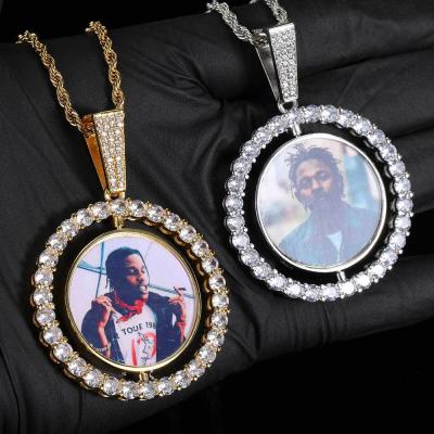 China Lead Free Nickel Free Hip Hops Personalized Custom Memory Necklaces Full Diamond Rotatable Round Picture Necklace For Gift for sale