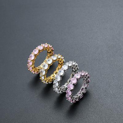 China Newest Arrival Lead Free Nickel Free Punk Pink Cubic Zircon Statement Rings Hip Hops Real 18K Gold Plating Full Diamond Rings for sale