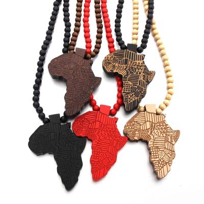 China Hotselling Wholesale Hip Hop Jewelry Religious Hips Hops Wooden Beads African Map Pendant Necklace for sale