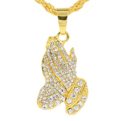 China Classic Hiphop Rap Jewelry Hips Hops Necklace Gold Pave Crystal Prayer Hand Pendant Necklace Clear for sale