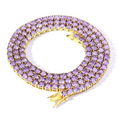 China Environmentally Friendly Hips Hops Single Row 4mm Purple Zircon Tennis Chain Bling Jewelry Iced Out CZ Purple Tennis Zircon Chain Necklace for sale