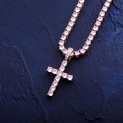 China New Arrival Hip Hop Cross Pendant Necklace Rose Gold Plating 4mm CZ Tennis Chain Environmentally Friendly Pink Cubic Zircon for sale