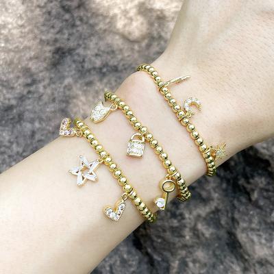 China Copper Beads Strand Round Copper Moon Star Lock Heart Zircon Bracelet Wick Bracelet Gold Plating Beads Pendant Bracelet for sale