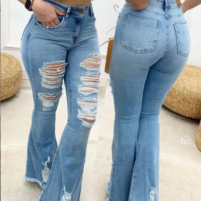 China 2021 Breathable Newest Fashion Stripe Plus Size Women's Jeans Pants Pleated Washable Ripped Hollow Ladies Denim Pants High Waist for sale