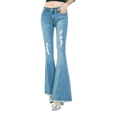 China 2021 Hot Selling Fahion QUICK DRY Casual Women Bell Bottom Blue Flare Jeans Ladies Button Tassel Ripped Skinny Pants for sale