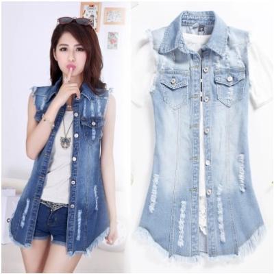 China Anti-Shrink Plus Size Women Friend Casual Jackets Button Sleeveless Denim Full Lapel Slim Jean Coats for sale