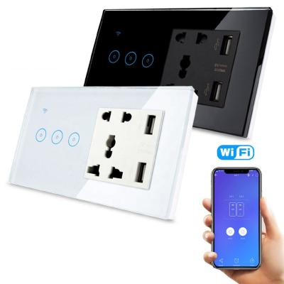 China Excellent Quality Wifi 3 Band Smart Switch Wifi Socket Touch Remote Control Lamp Switch With USB Socket Universal EU AU USA UK for sale