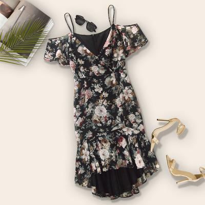 China Pure layer summer plus size elegant floral one-shoulder straps women's temperament fat sister long front short back dress for sale