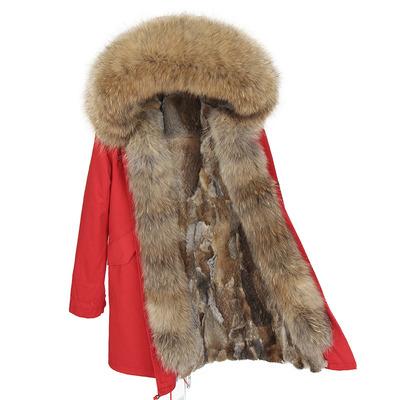 China Waterproof Drop Shipping Large Maomaokong Raccoon Fur Collar Parka Real Raccoon Fur Jacket Natural Rabbit Fur Striped Long Coat for sale