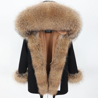 China Maomaokong Winter Warm Jacket Raccoon Fur Collar Anti-wrinkle Drop Ship Real Outwear Long Women Faux Fur Coat Parka With Fur for sale