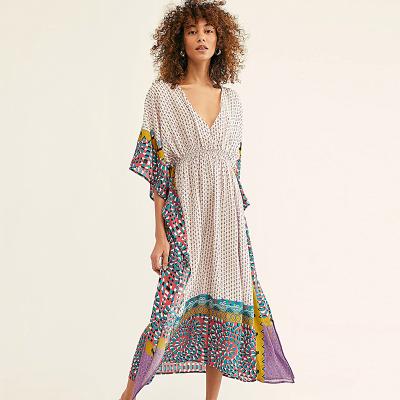 China Breathable Geometric Batwing Sleeve V Neck Maxi Dress Vintage Print Maxi Dress Oversized Swimsuits Cover Up for sale