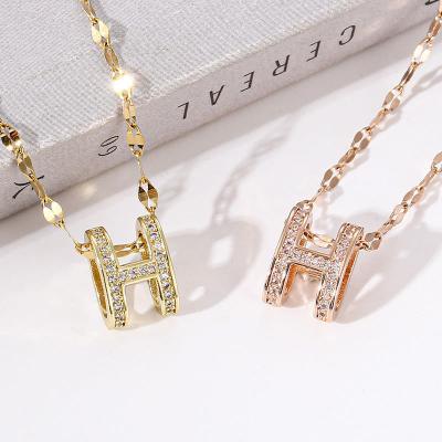 China TRENDY Fashion Jewelry 18K Rose Gold Set Rhinestone H Necklace Titanium Steel For Women for sale