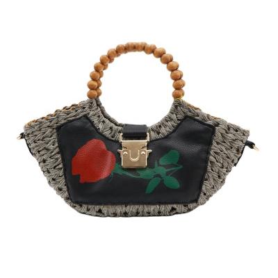 China Handmade ; MBC 2022 Customized Women's Handmade Plastic Rattan Beach Handbags Women's Beach Shoulder Bag Casual Bag With Wooden Bead Handle For Women for sale