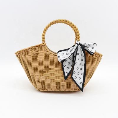 China With Scarf MBC 2022 Customized Handmade Women Handbags Rattan Plastic Women Shoulder Bag With Scarf Decor And Wooden Bead Handle For Girl for sale