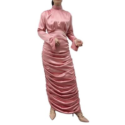 China Satin Long Sleeve Solid Color Pleated Elegant Satin Robe Dubai Abaya Dress For Muslim Women Islamic Clothing Women Muslim Dress for sale