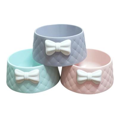 China Plaid Dog Bowl Sustainable Reusable Eco Friendly Personalized Feeding Plastic Pet Bowl Bowknot for sale