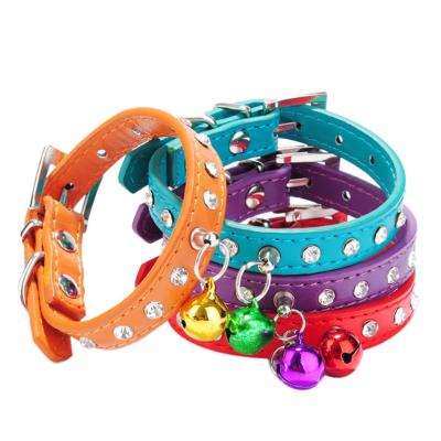 China Lights Personalized Pet Products Rhinestone Pet Collar Pu Cat And Dog Collar Leash With Bell for sale