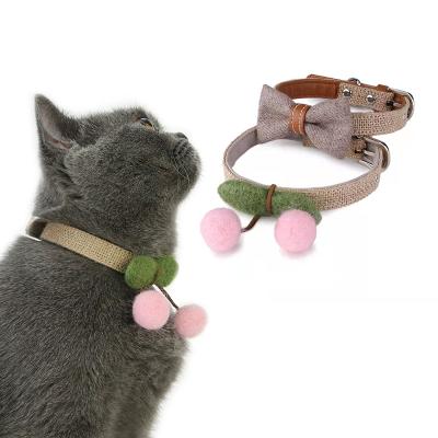 China Viable Bowknot Cherry Kitten Pet Bell Cute Cheap Dog Collars Round Lether Braided Cat Collar for sale