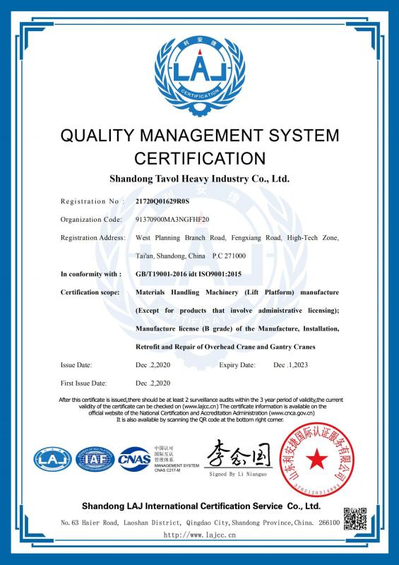 ISO9001 - Shandong Tavol Heavy Industry Co., Ltd.